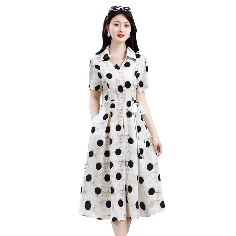 Novo vestido feminino com gola de camisa de bolinhas, emagrecimento, linha a, manga curta, cintura, verão, elegante, sensação de moda