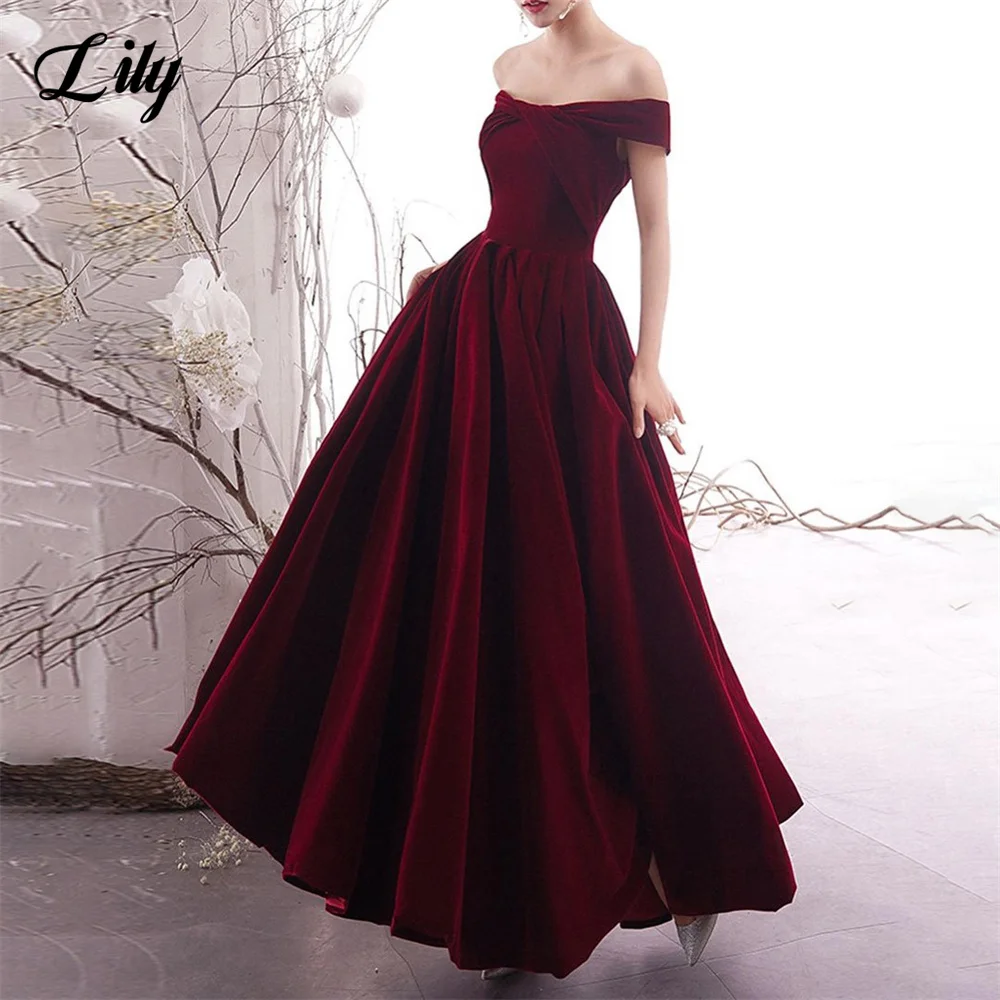 

Lily Off the Shoulder Evening Dresses Burgundy Stain A Line Charming Prom Dresses Lace Up Back Party Dresses vestidos de noche