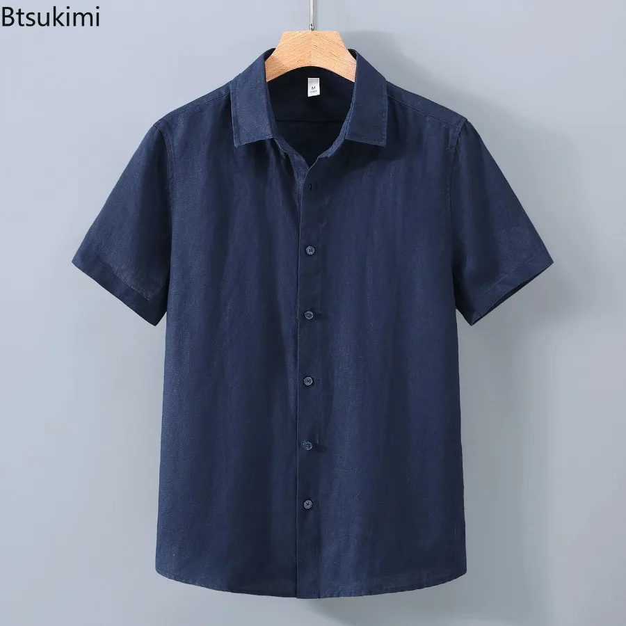 New Fashion Men's Cotton Linen Short Sleeve Casual Shirts Summer Comfort Solid Cardigan Japanese Style Loose Tops Blouse Male