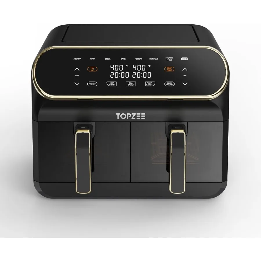 8クォート大型エアフライヤー、デュアルバスケット、見やすい窓付き、予熱、エアフライ、ロースト、ブロイル、ベイク、デハイドレート機能、2つの独立した4クォート容量