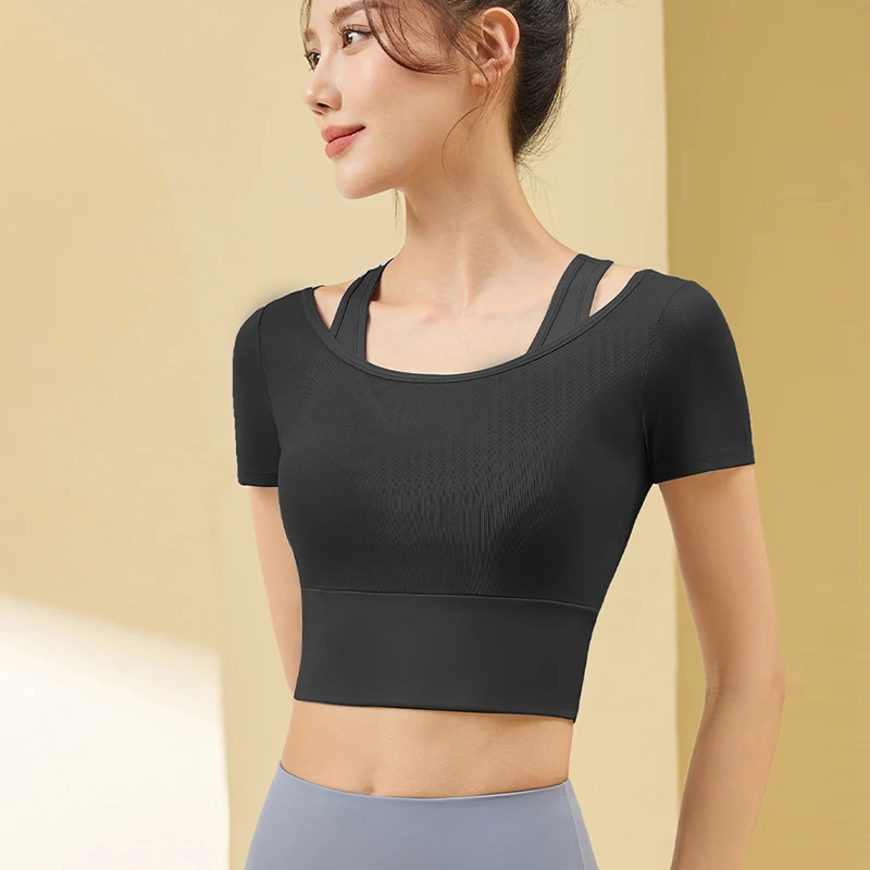 Women\'s Mesh Training Fitness Top Gym Workout Fake 2 Pieces Yoga Shirt Quick Drying Breathable Short Sleeve Sports Crop Top