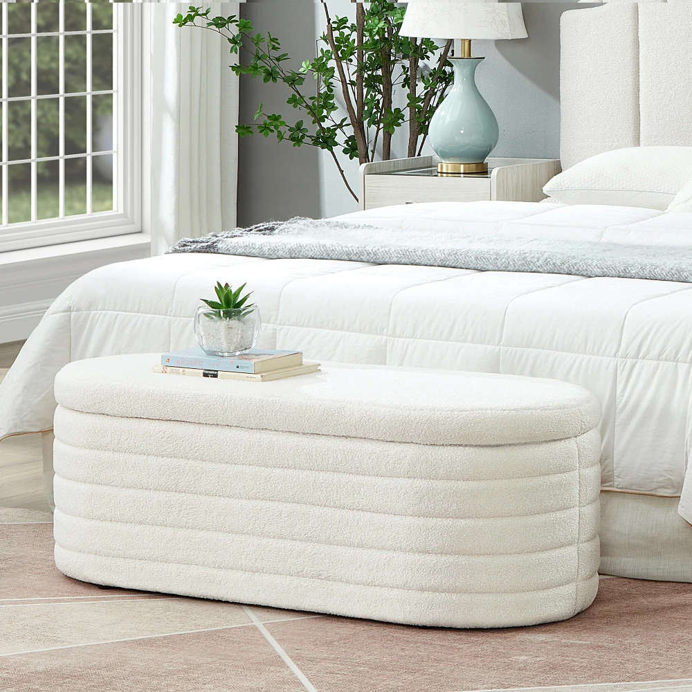 

Modern oval storage footrest, upholstered bouquet of teddy fabric end with storage, head end