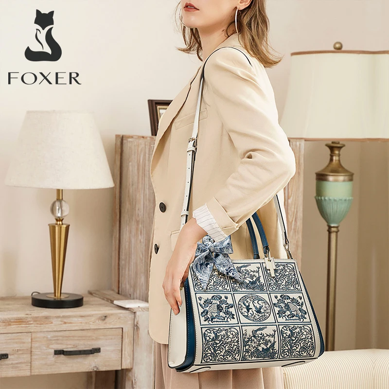 FOXER Women Crossbody Shoulder Bag Fall Winter Office Handbag Lady Medium Tote Chic Split Leather Silk Scarf Printing Pocket Bag