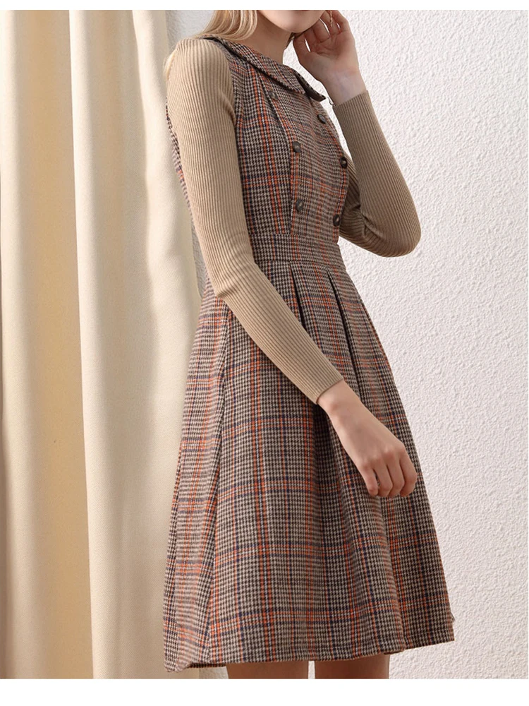 EVNISI 2023 Women Vintage Dress Winter Long-sleeved Woolen Patchwork Knitted Sleeve High Waist Pleat Brown Dresses A-Line Ladies