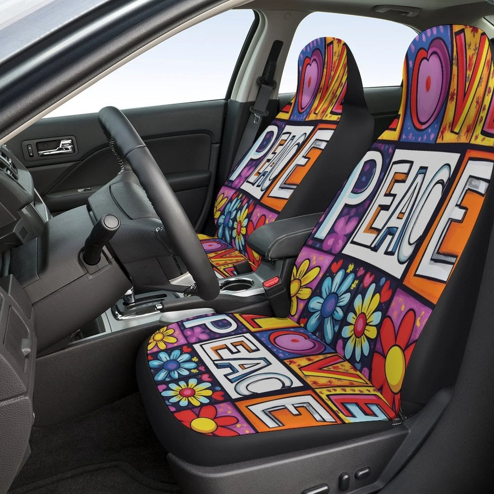 Love Peace Art Themed Car Seat Covers Set For Most Cars, Fashionable Decorative Car Seat Protector Covers Full Set, Universal Ca