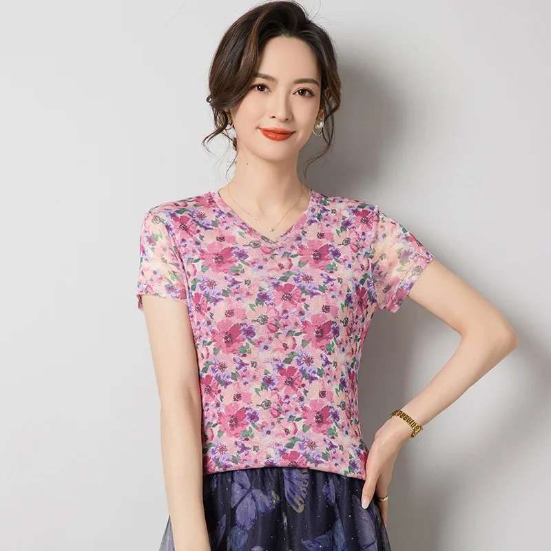 

Birdsky, 1 шт., женская футболка, пуловер, топ с короткими рукавами, 100% шелковый шелковый цветочный принт, S-1041