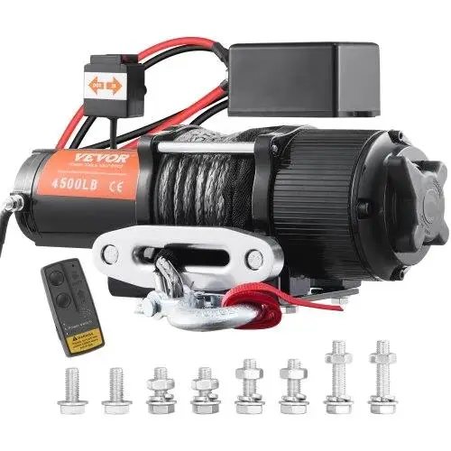 Electric Winch, 12V 4500 lb Load Capacity Nylon Rope Winch, IP55 1/4” x 39ft UTV Winch with Wireless Handheld Remote &