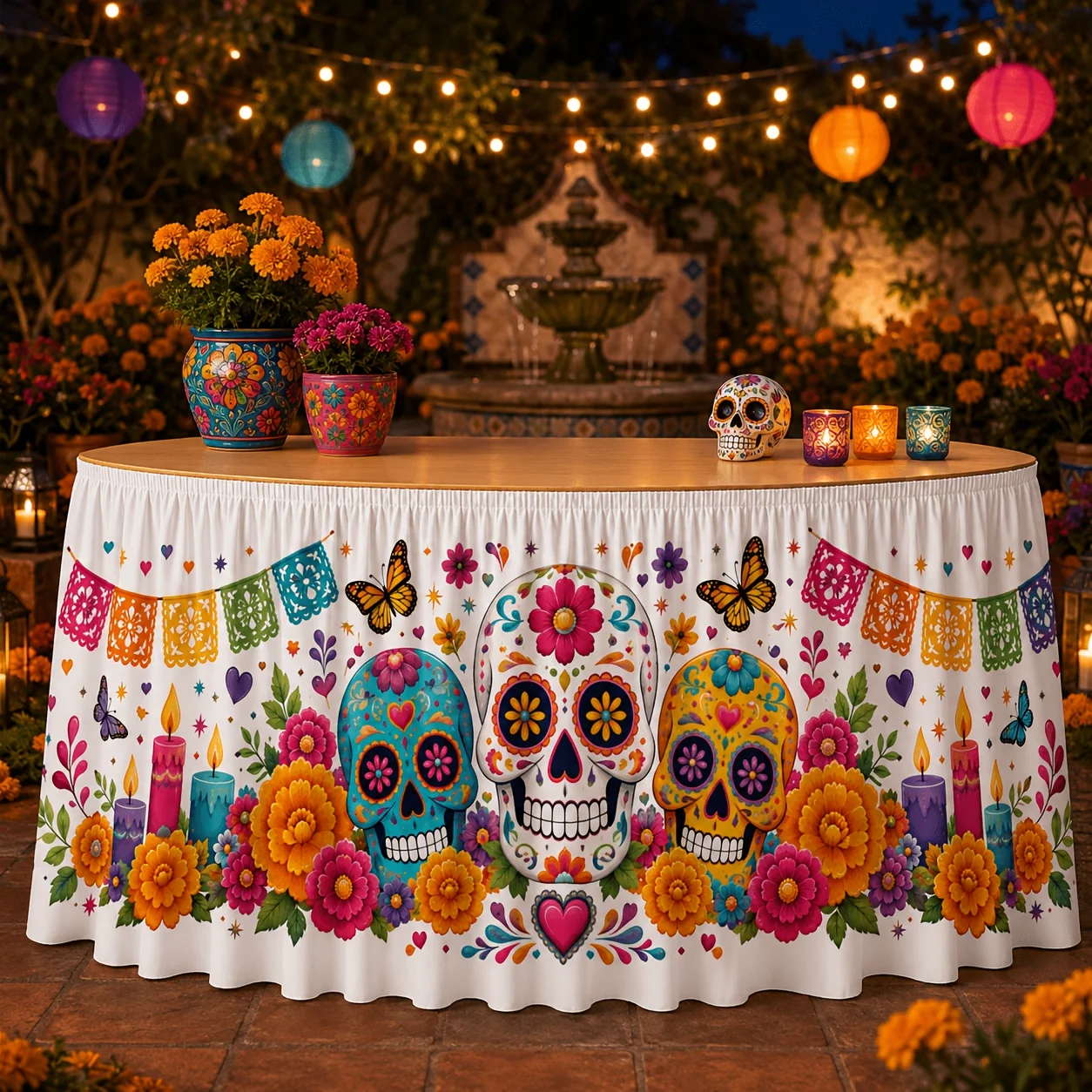 One tablecloth or table skirt. Polyester. Halloween. Three-color. Sugar skull. Sunflower.
