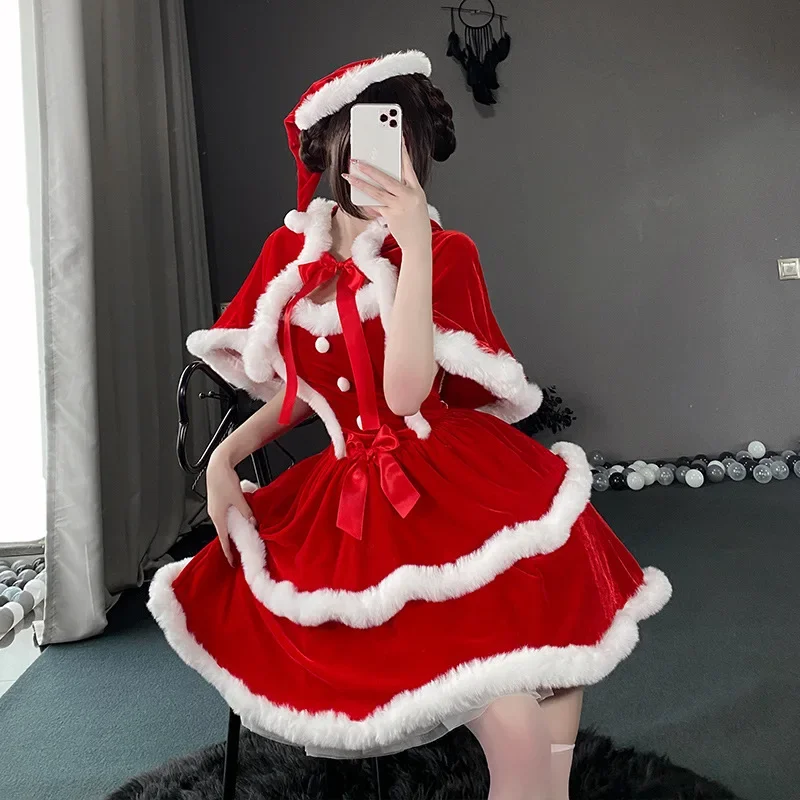 Christmas Dress Carnival Party Faux Fur Wrapped Dresses Cloak Cute Bunny Girls Cosplay Red Velvet Santa Claus Costume Elk Xmas