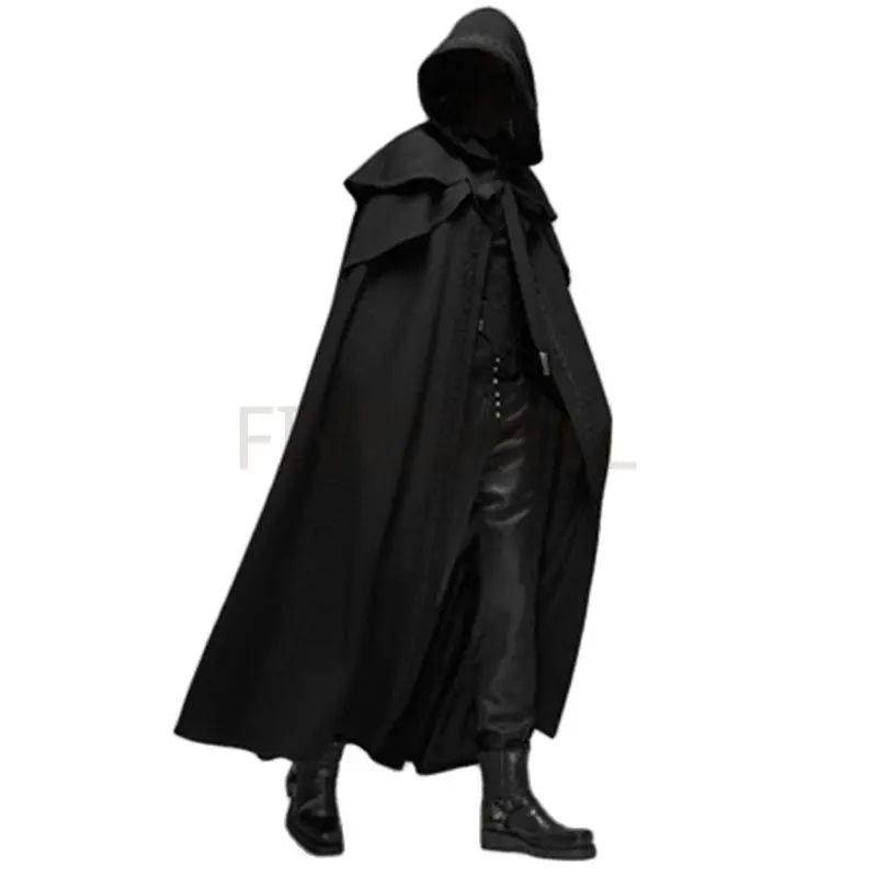 

Medieval Vintage Hooded Loose Black Cloak Coats Windproof Trench Chic Winter Long Cape Poncho Gothic Mens Monk Halloween Cosplay