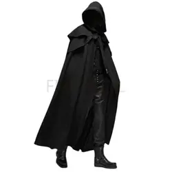 Capa negra suelta con capucha Vintage Medieval para hombres, gabardina elegante a prueba de viento, Poncho largo de invierno, Poncho gótico, monje, Cosplay de Halloween