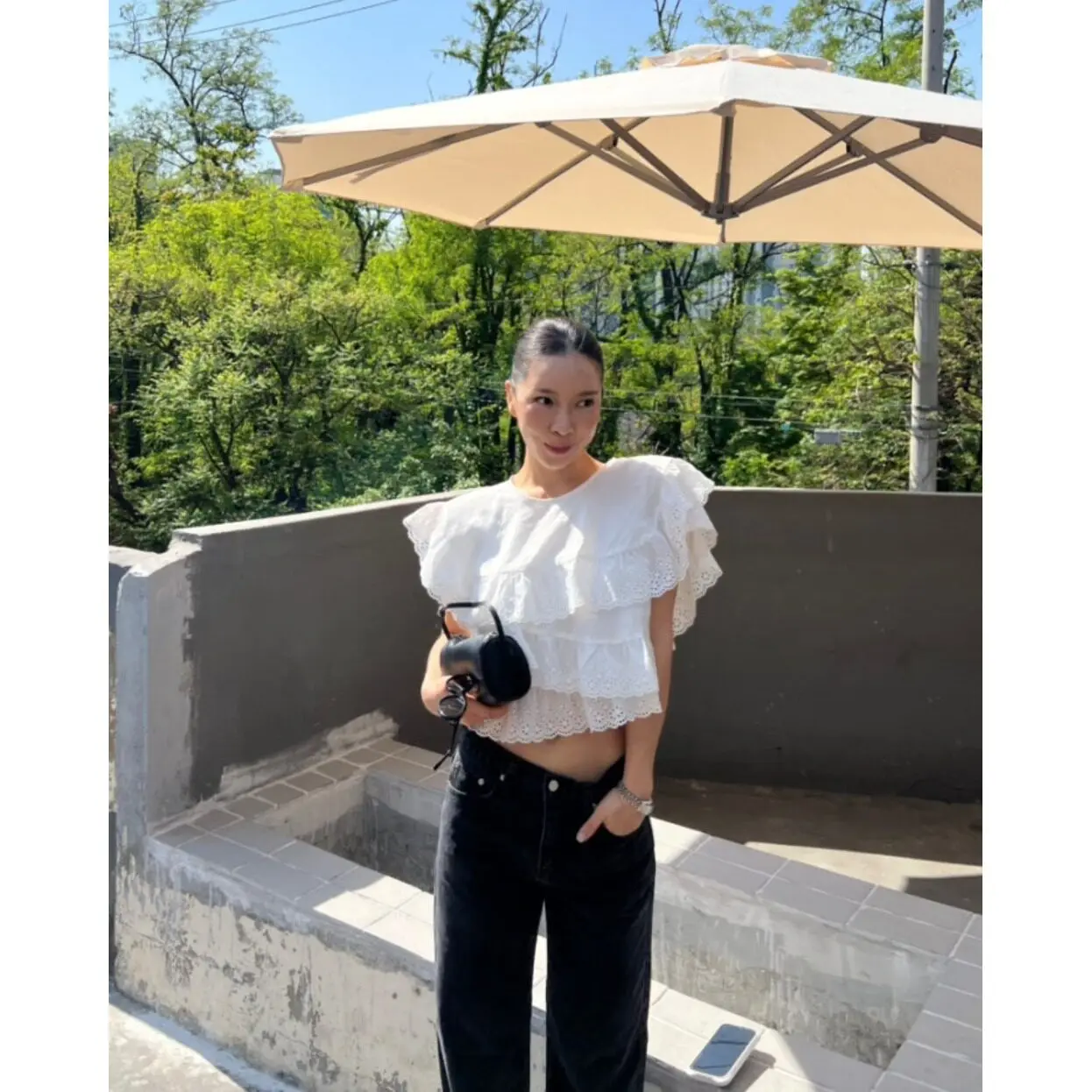 

Dongda Gate Women's round Neck Shirt Straight Layered Ruffle Splice Back Strap Cotton Blend Casual Fashion French Style