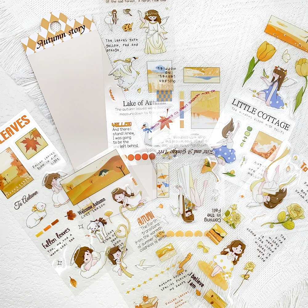 

6pcs Cartoon Autumn Story PET Stickers Decals For Phone Notebook Skateboard Guitar Helmet DIY Aesthetic Waterproof Stickers