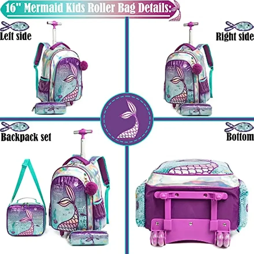 BIKAB Mermaid Rolling Backpack for Gilrs Backpacks with Wheels for Elementary School Bag Trolley Trips Luggage with Lunch Box