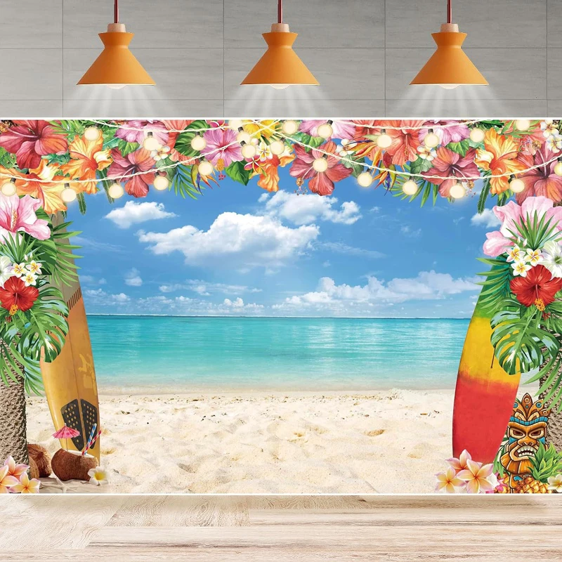 Summer Hawaiian Beach Photography Background Tropical Flower Luau Hawaiian Blue Sky Ocean Palm Leaves Party Backdrop Wall Banner