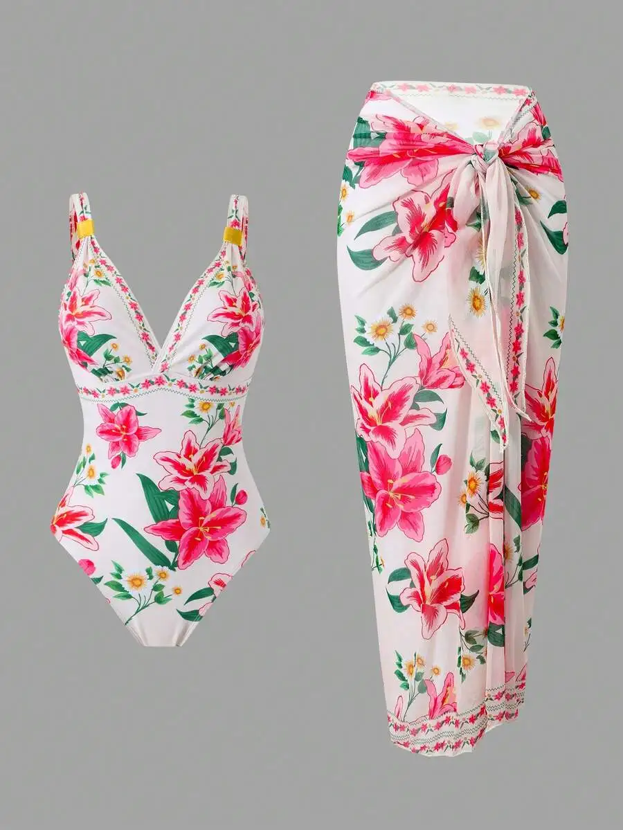 Womens V-Neck Wide Strap Floral Print One-Piece Swimsuit With Mesh Cover Up