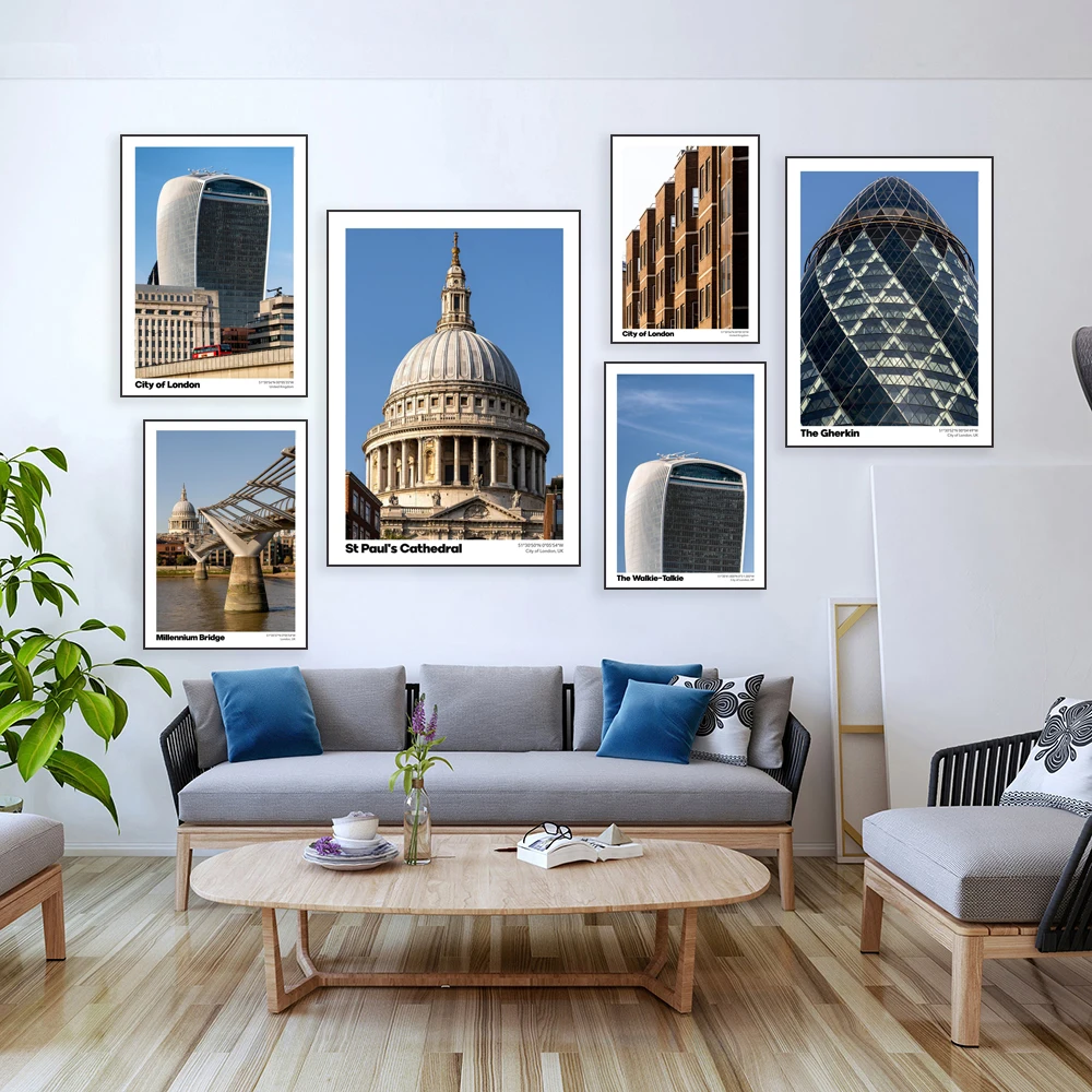 Iconic skyscrapers, St Paul's Cathedral, Lloyd's Building and Gherkin London buildings, city skyline, classic architecture poste