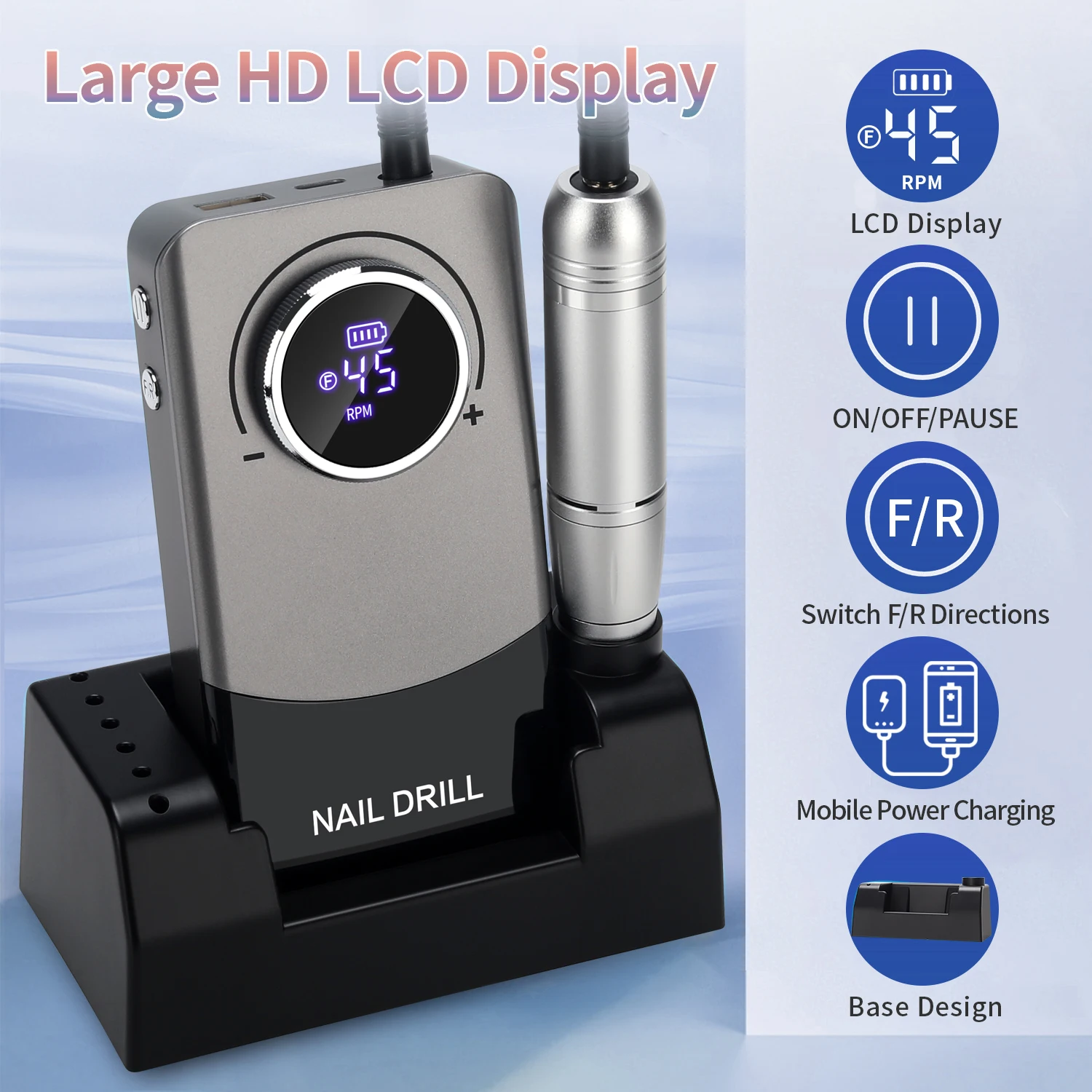 Professionele nagelschuurmachine, 6 boren en schuurband, 45000 RPM nagelboor V9 met LED-display, USB elektrische nagelboor, nagel