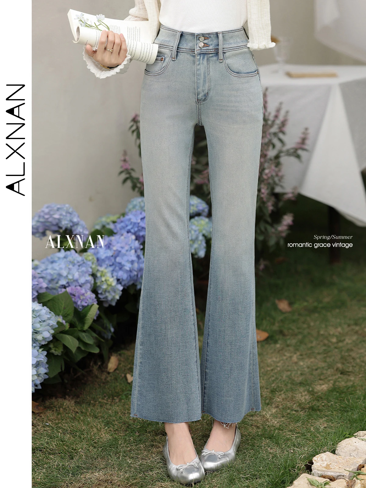 

ALXNAN Women's Denim Blue Jeans Vintage High Waist Flared Jeans 2025 Summer New Wide Leg Slim Elegant Office Pants Female L53509