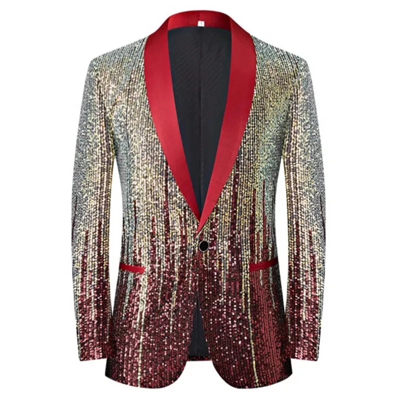 New Men's Gradient Sequin Blazer with Red Shawl Collar - Sparkly Suit Jacket for Stage Performance, Party, Wedding