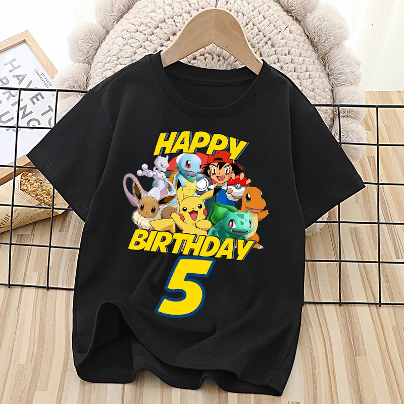 

Pokemon Birthday Number T-shirt for Children Cartoon Figure Tee Top Pikachu Black Clothes New Kids Short Sleeve Clothing Gift