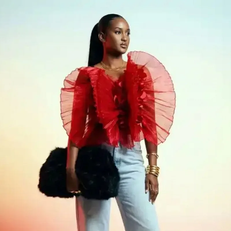 

New Dark Red Top Pleated Normal Length Summer Fashion Blouse Custom Made Women Organza Tops Off Shoulder