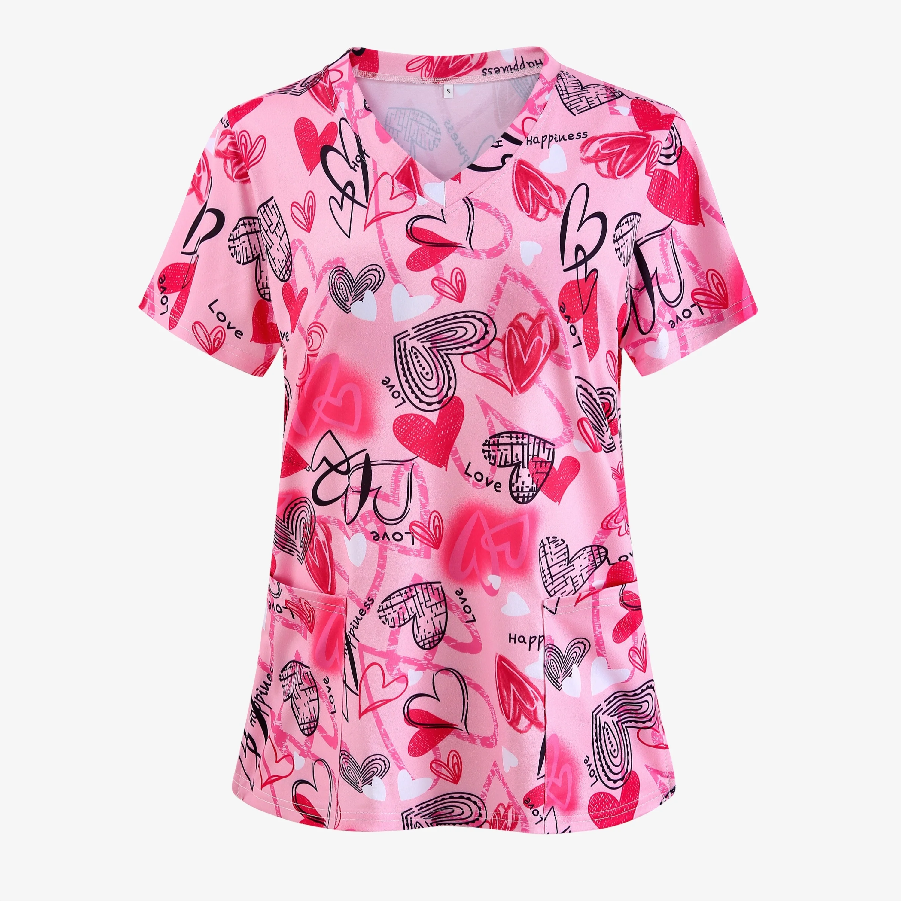 

Heart Print V-Neck Frosted Top, Vintage Short Sleeve Patch Pocket Nurse Uniform, Women's Clothing
