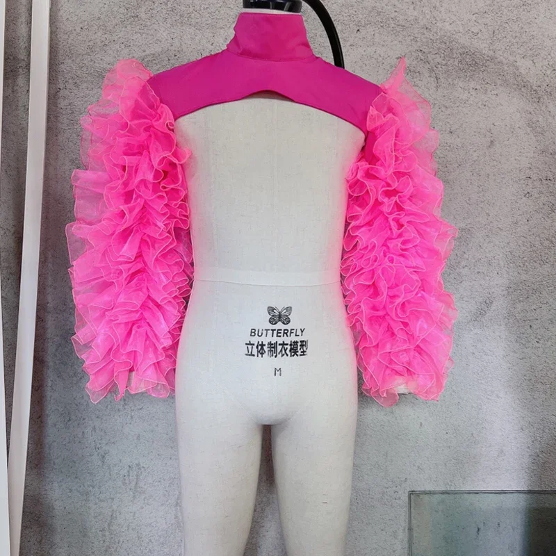 Chaleco de manga de burbuja para mujer, traje de baile de Jazz, Bar, bailarina, cantante, ropa de escenario, medio top, chal de gasa Rosa fluorescente, hombro