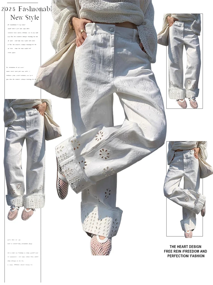 

Summer Women French Vintage Old Money Jeans Hollow Out Design Denim Long Pants 2000s Korean High Street Elegant Office Lady New