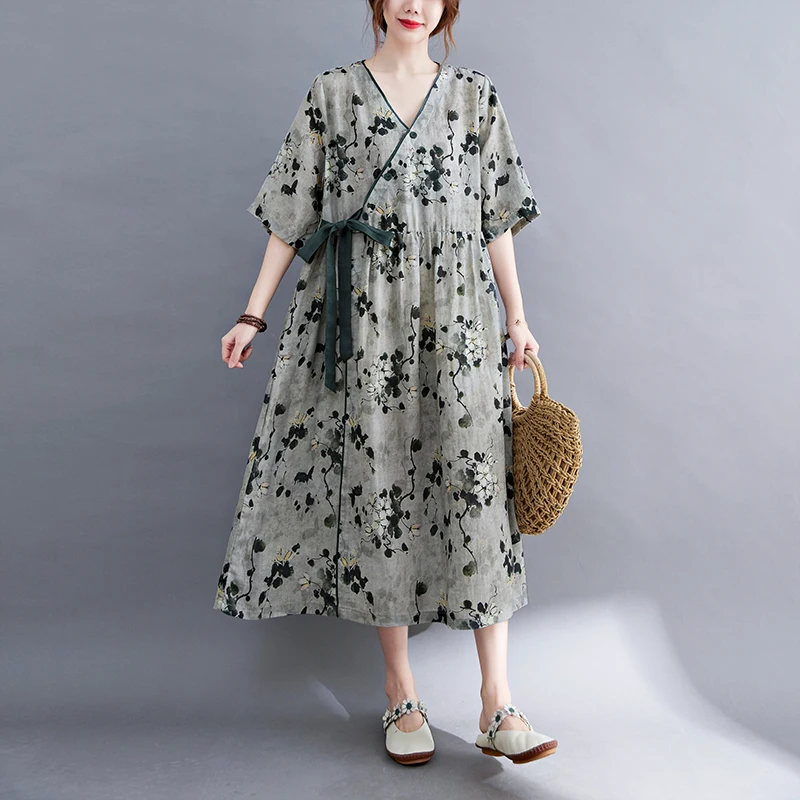 Ele Cotton Linen Print Dr Women's Waist Cinched Slimming Midi Vintage Flax Print Dr Summer Commute Artistic Sle