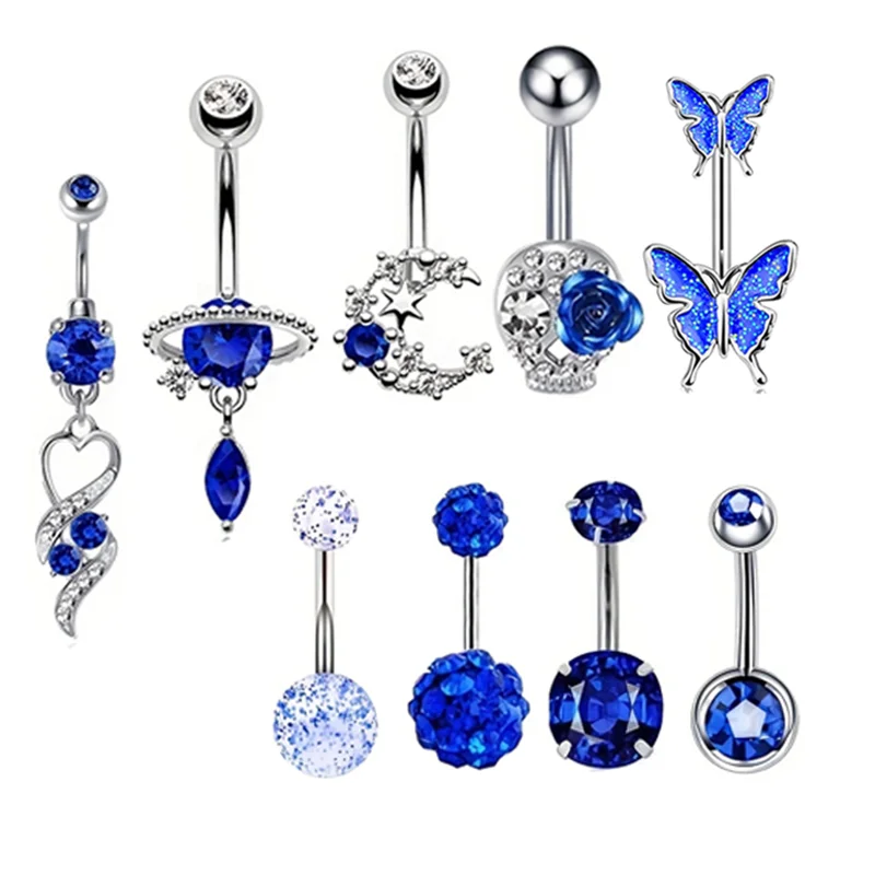 Royal Blue Belly Button Rings 14G Planet Navel Piercing Barbell Jewelry Heart Belly Rings Cute Body Piercing Ombligo Mujer