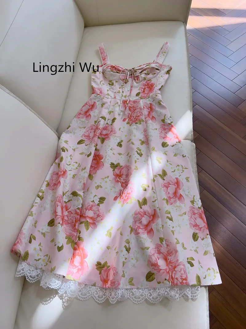 

Lingzhi Wu French Elegant Pink Print Romantic Countryside Floral Dress Spaghetti Strap Long Vestidos Fish Bone Slim Holiday