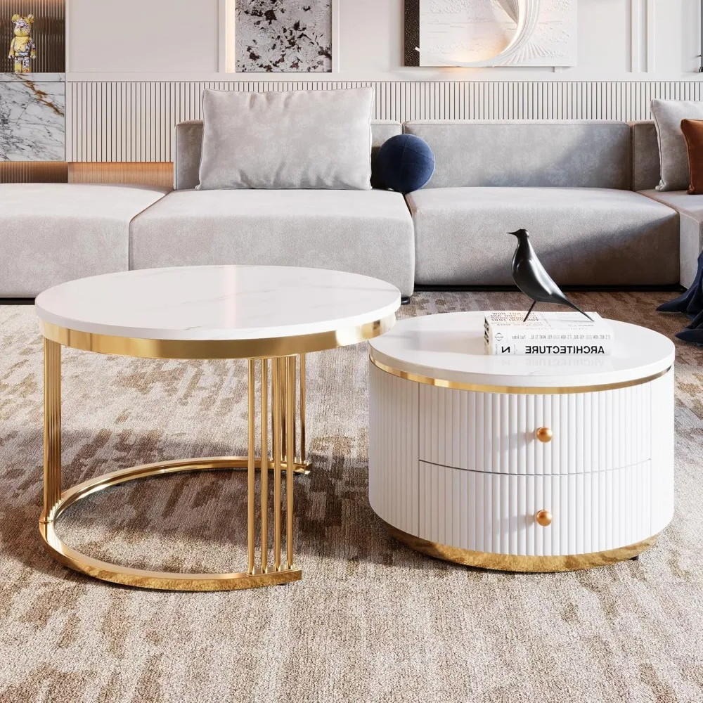 

2-Piece Nesting Coffee Table Set, White Round End Side Tables with Drawers & Gold Metal Legs, Modern Compact for Living Room.