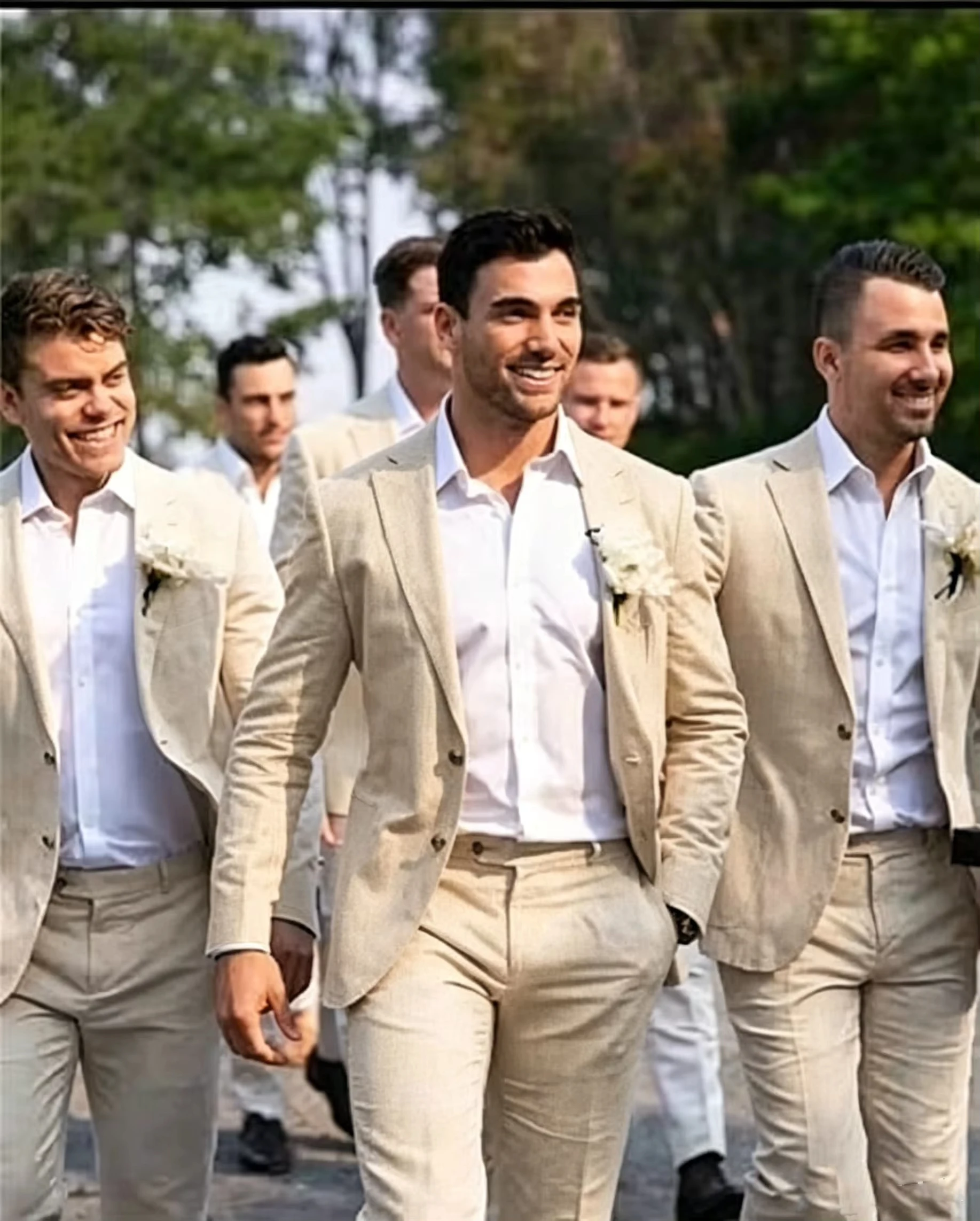 Beige Linen Elegant Men's 2 Pieces Blazer Pant Sets Linen Suits Casual Lightweight Summer Beach Groom Wedding Suit