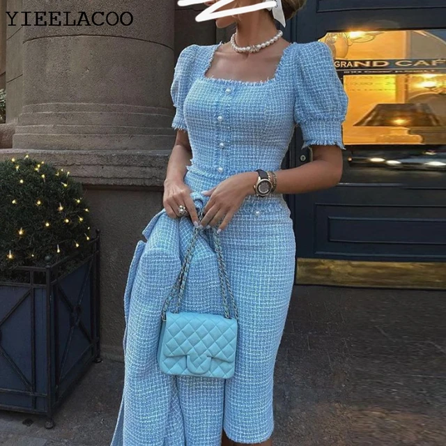 Light Blue tweed dress Short sleeve 2023 spring autumn women s dress tassel ladies slim bottoming dress one piece AliExpress