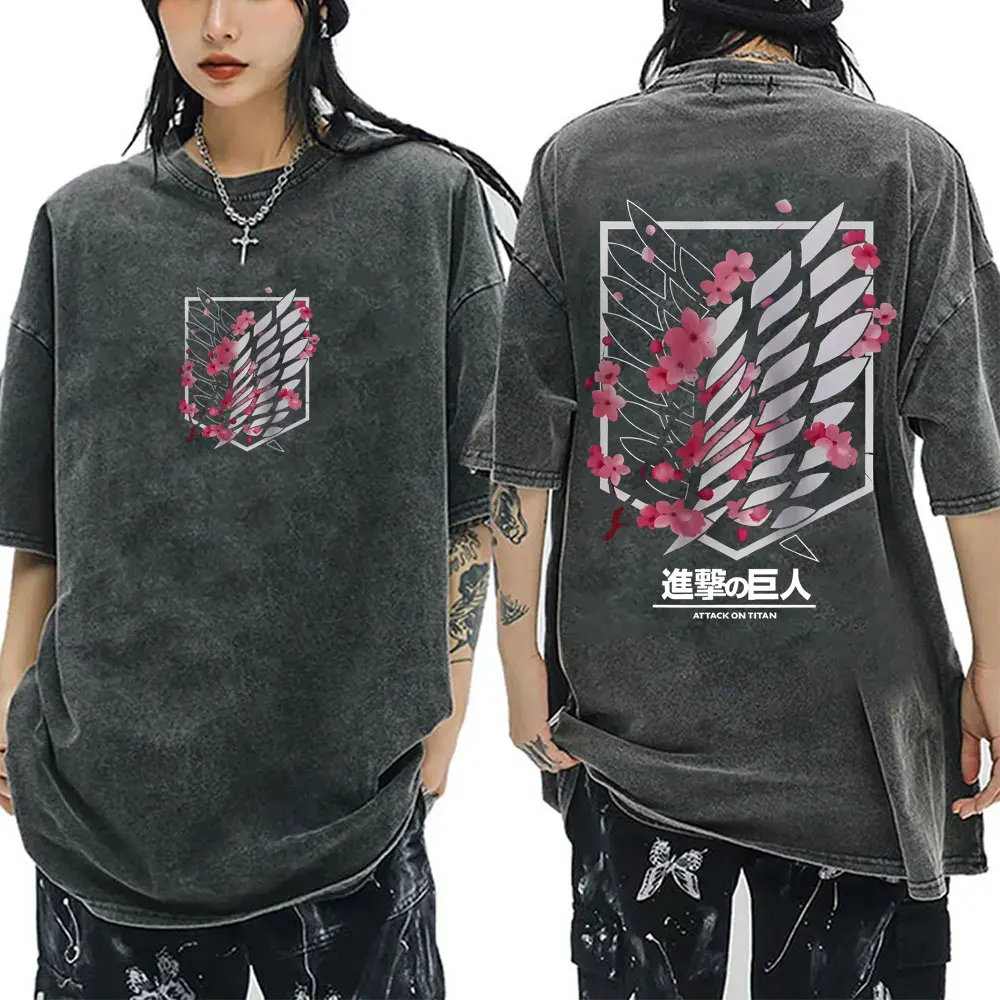 Washed Vintage Anime Attack on Titan Cherry Blossoms Logo Print T-shirt Men Women Manga Oversized T Shirts Male Casual T-shirts
