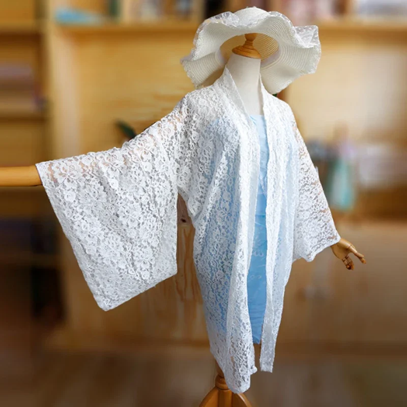 Japanse Pendelen Casual Zomer Zonnebrandcrème Vrouwen Capes Dunne Lange Effen Kant V-hals Lange Mouw Vest Mode Poncho Jas
