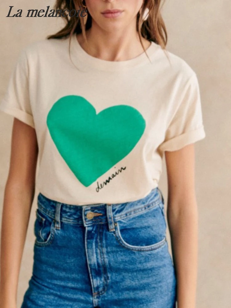 

Casual Loose T-shirt Women 2024 Summer New French Heart Letter Print Cotton Tees Round Neck Short Sleeve Fashion Harajuku Tops