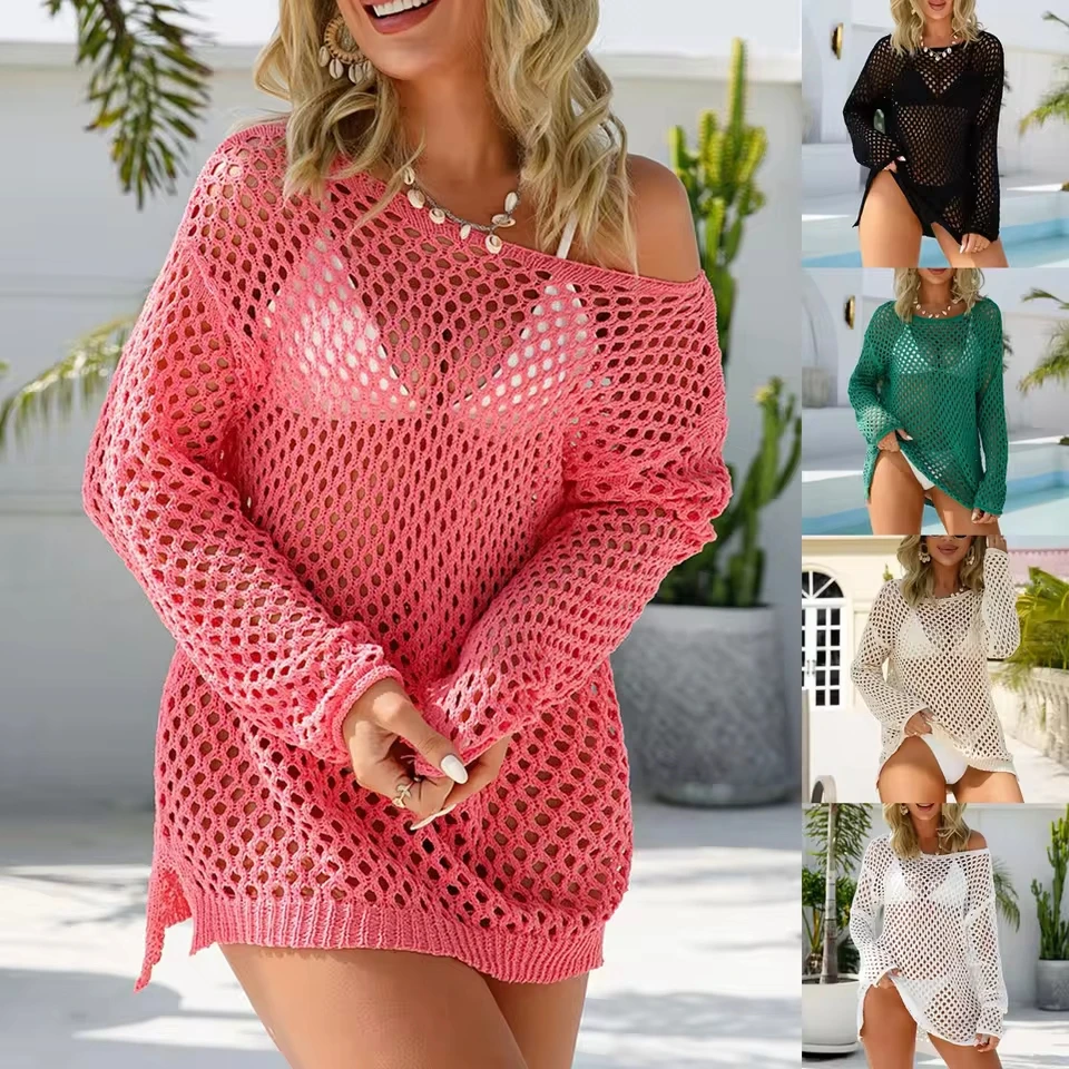 Women Summer Cover Up Cut Out Sexy Swimsuit Sexy Hollow Stitching Beach Loose Round Neck Swimsuit Women'S Bikinis And Tankinis