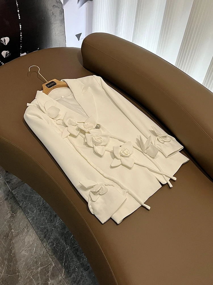 

Модный белый костюм с 3D цветочным дизайном Jaet, оригинальный дизайн, повседневный элитный женский костюм для поездок на работу, длинный све средней длины