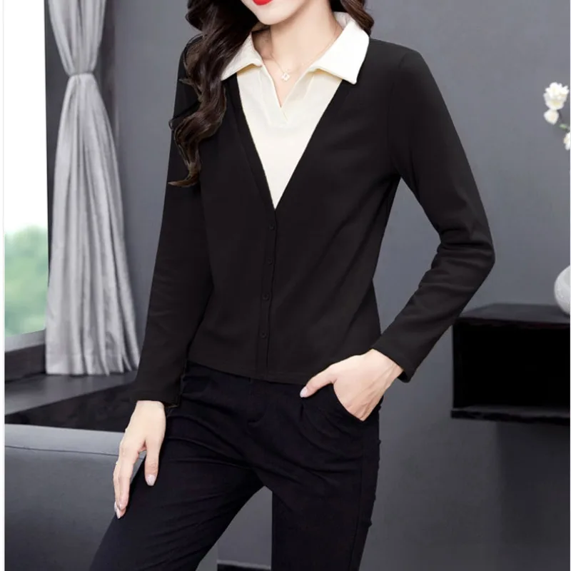 Women's 2024 Spring New Pullover Lapel Spliced Fake Two Pieces Solid Color Loose and Elegant Office Lady Casual Long Sleeved Top