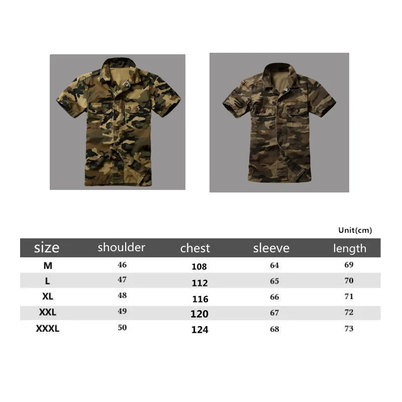 Men Military Camouflage Casual Shirt Short-Sleeved Cotton Cargo Uniform Loose Pockets Safari Army Tops