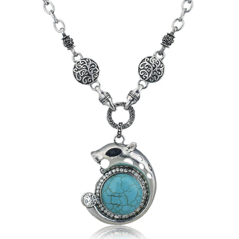 Elegant Leopard Round Created Crystal Carved Pattern Flower Antique Pendant Necklace Women's Girl Gift Jewelry X563