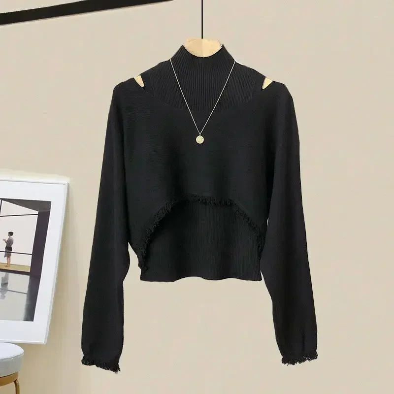 2025 primavera otoño nueva elegante cubierta de borlas de punto + suéter inferior de cuello medio alto + falda Midi traje de vestir de 3 piezas para mujer ZL917