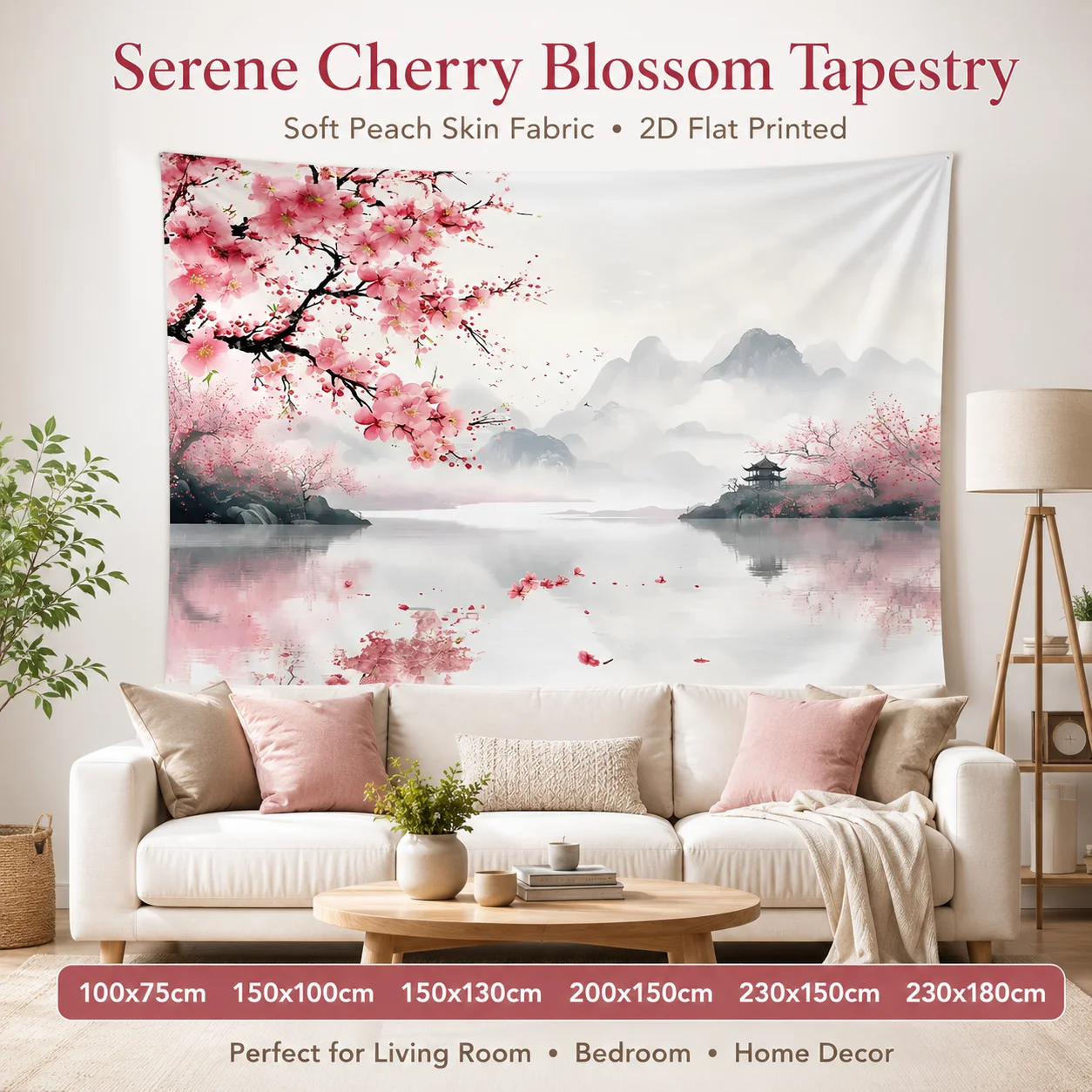 

Serene Japanese Zen Cherry Blossom Tapestry Peach Skin 2D Flat Printed Sakura Flower Mountain Lake Wall Hanging for Living Room