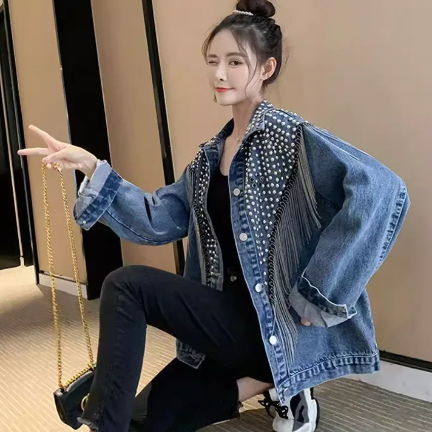 Women New Fashion Beading Heavy Printing Bear Patterned Denim Jacket Coat Ladies Casual Loose Trend Hole Jean Jackets Outerwear