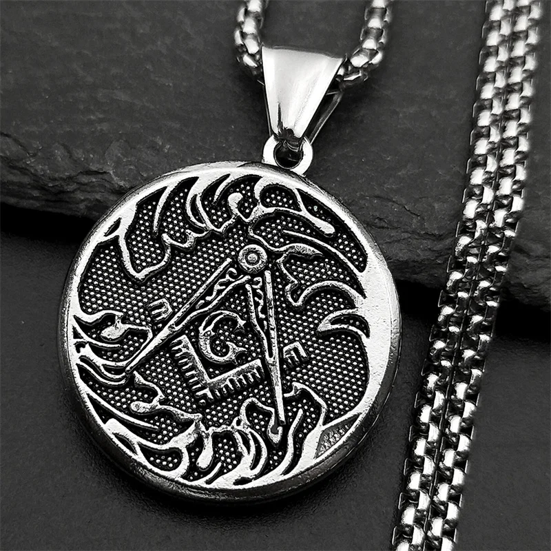 Mason Badge Freemasonry Symbol Round Medal Pendant Necklace for Women Men Stainless Steel Gold Color Mysterious Amulet Jewelry
