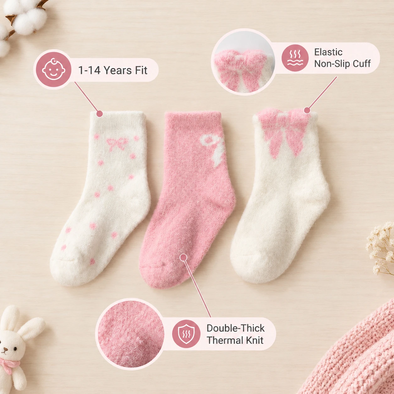3 Pairs Girls Winter Fuzzy Socks Cute Bow Pattern Mid‑Calf Socks Elastic Thermal Warm Socks For Kids 1‑14 Years Old