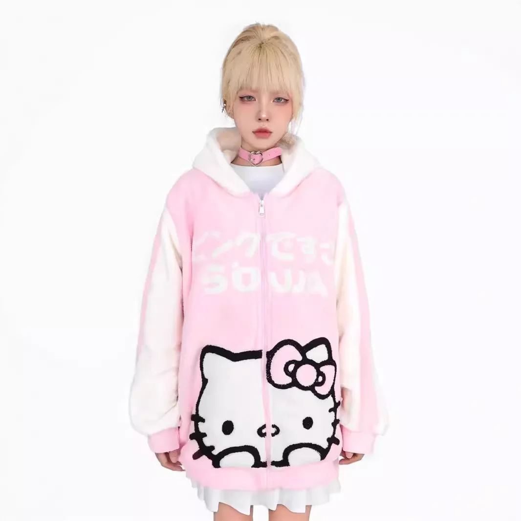 Simpatico dolce Hello Kitty nuovo caldo felpa in velluto con cappuccio cappotto Kawaii Cartoon autunno inverno cardigan oversize giacca esterna in