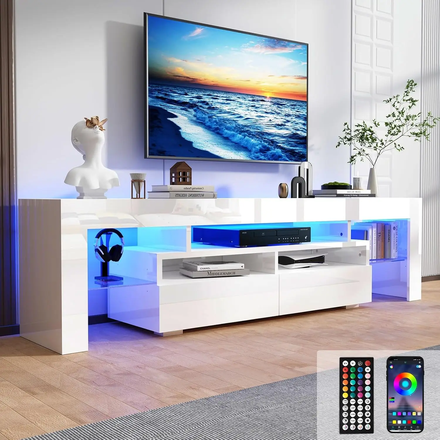 70in TV Stand for 75/80 inch,Modern LED TV Stand for Living Room,Black TVs Stands,High Gloss TVs Entertainment, Customized